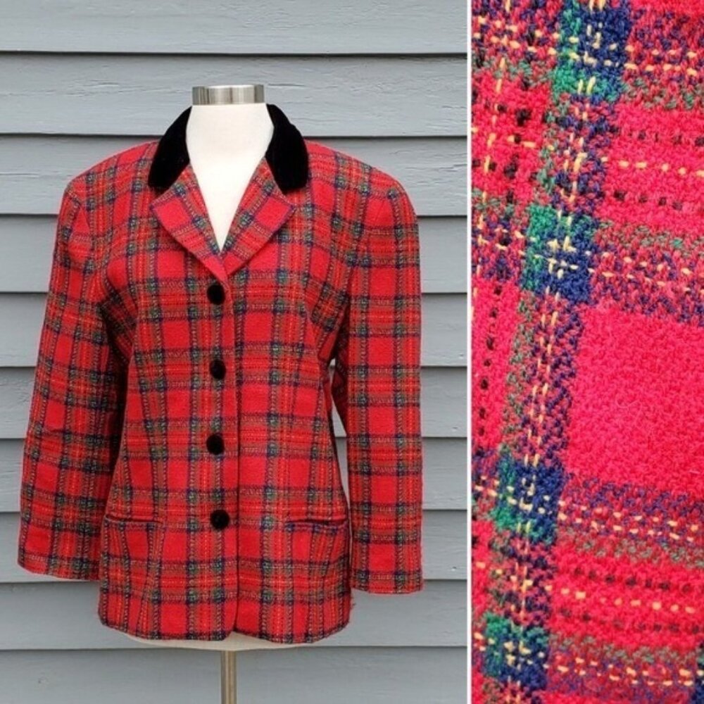 Vintage‎ 90s y2k Talbots Red Green Stuart Tartan Plaid Preppy Blazer Jacket 14
